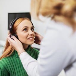 Young adult redhead woman at medical examination or checkup in otolaryngologist's office